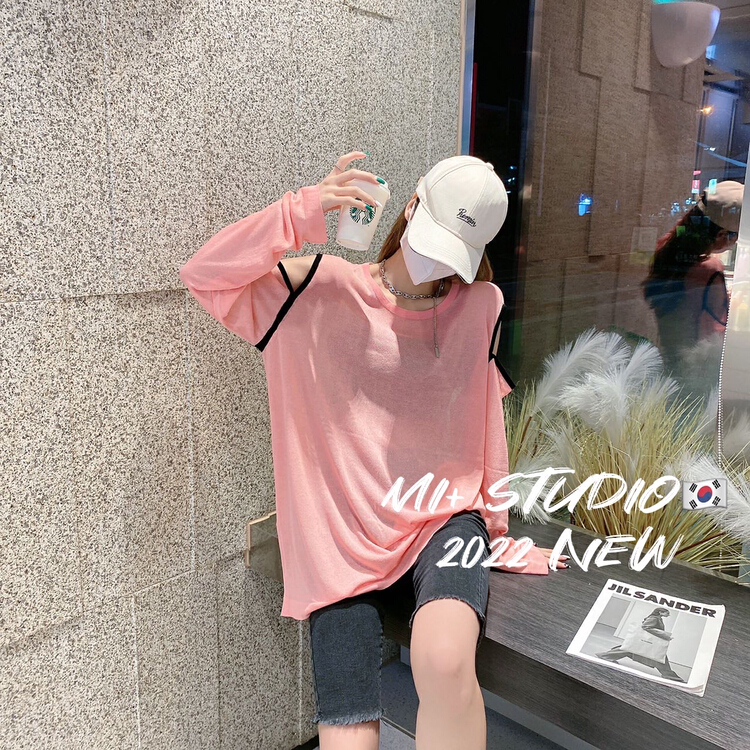 New in early summer! [Mi +] off shoulder ice sunscreen striped sweater 2078# ozq