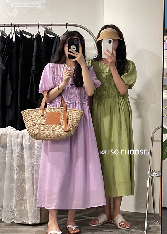 Live broadcast! [ISO Korean series] pleated bubble sleeve Korean version, waist closing and thin temperament dress 66181# hjy