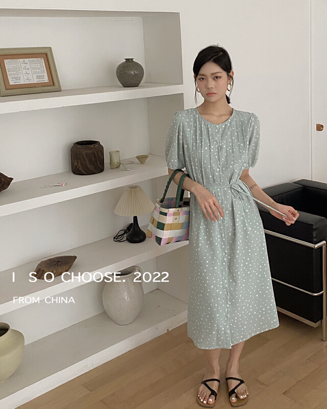 New in early summer! [ISO Korean] new round neck slim dress (with waist rope) 66062# hjy