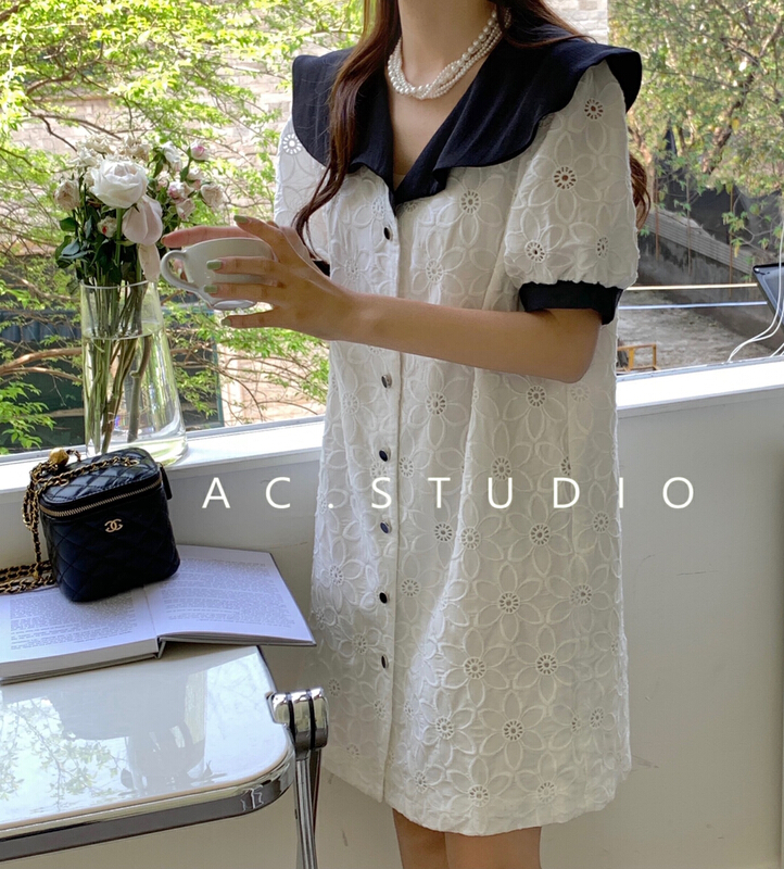 [A.C] Korean embroidered large lapel breasted dress 11376# LSL