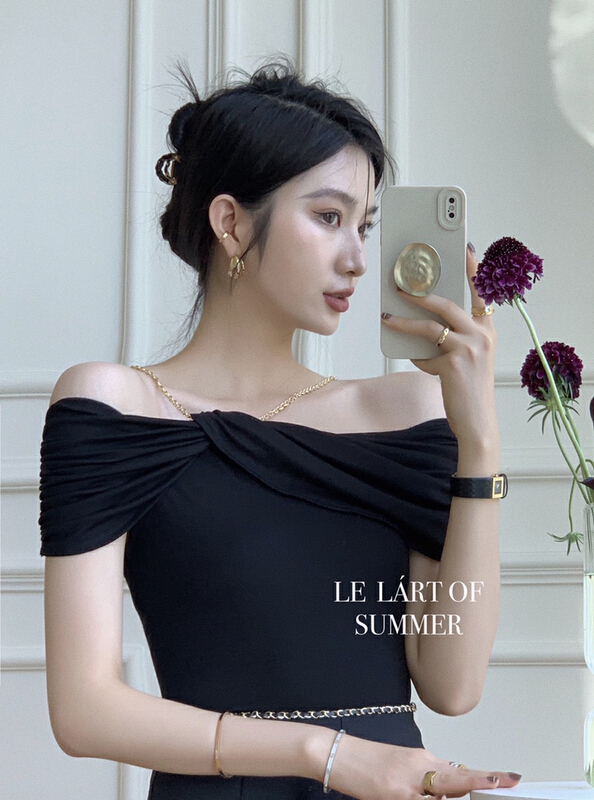 [millet +] chain off shoulder versatile fashion short sleeve T-shirt 075# WPL