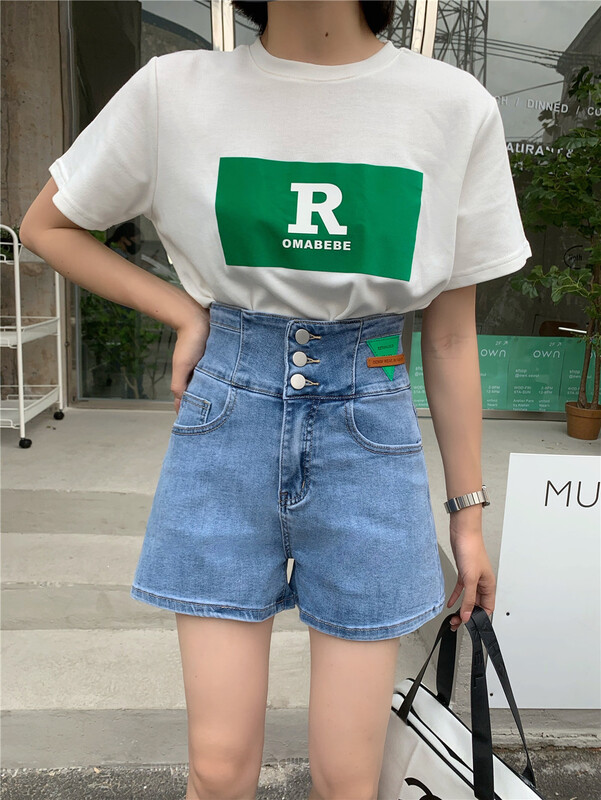 [Qiqi] personalized label high waist denim shorts 9607-2# cqw