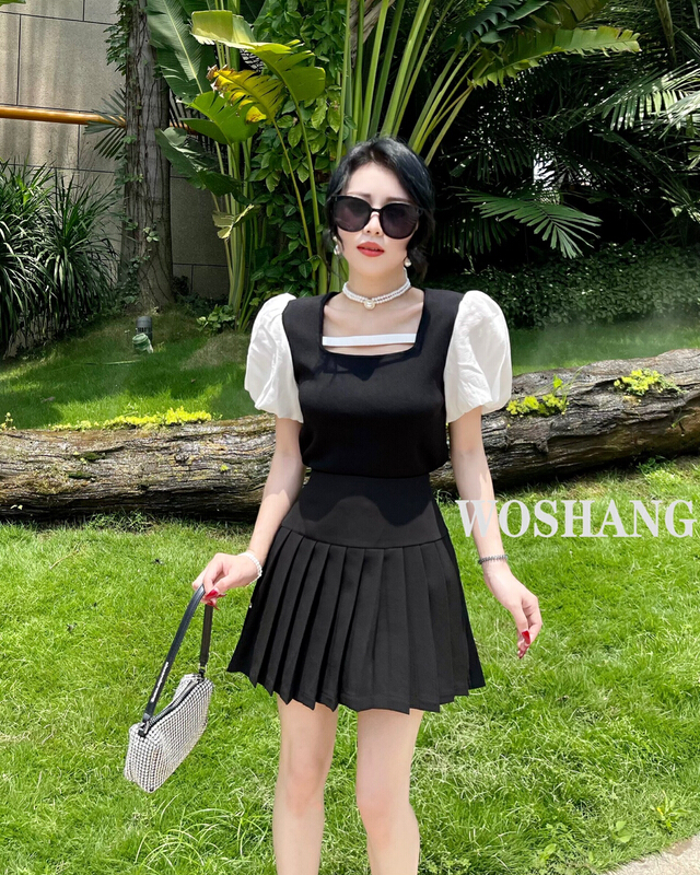 [woshang woshang] French Vintage Hepburn color blocking square neck bubble sleeve T-shirt 1276# XYJ