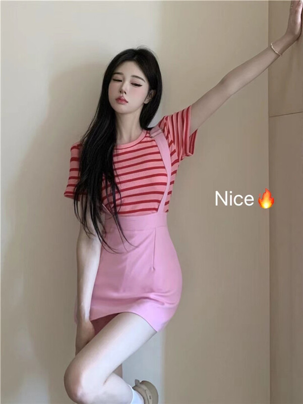 New in early summer! [nice Nasir] casual stripe short sleeve T-shirt + high waist strap skirt set ys1-8821# zyh