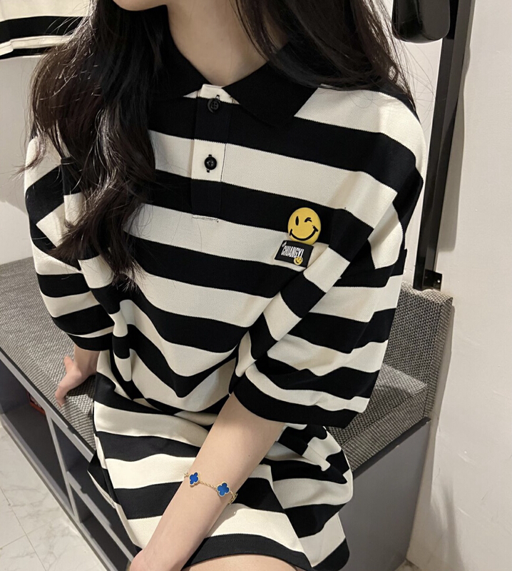 [blue show] Korean smiley face Stripe Polo loose short sleeve T-shirt (with removable smiley face) 6044# LSW