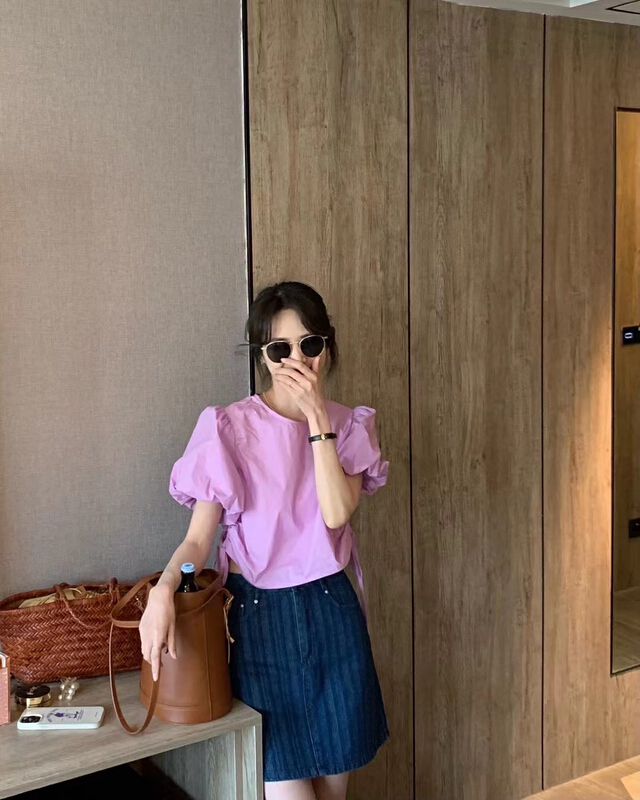 New in early summer! 【 love 】 slim temperament bubble sleeve side lace up waist leakage blouse s1297# HBx