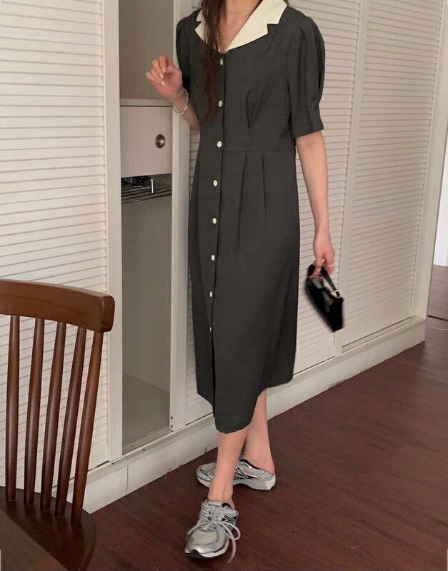 New in early summer! [Gabrielle] contrast neckline button dress b2234# zxl