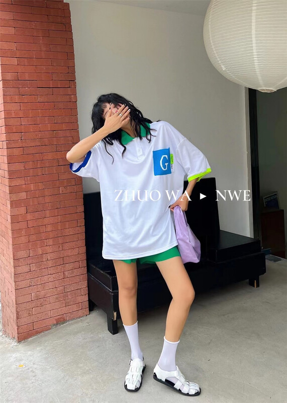 [buyer Yan Xuan zhuowa] polo collar contrast loose ins short sleeve T-shirt 2899# Cl