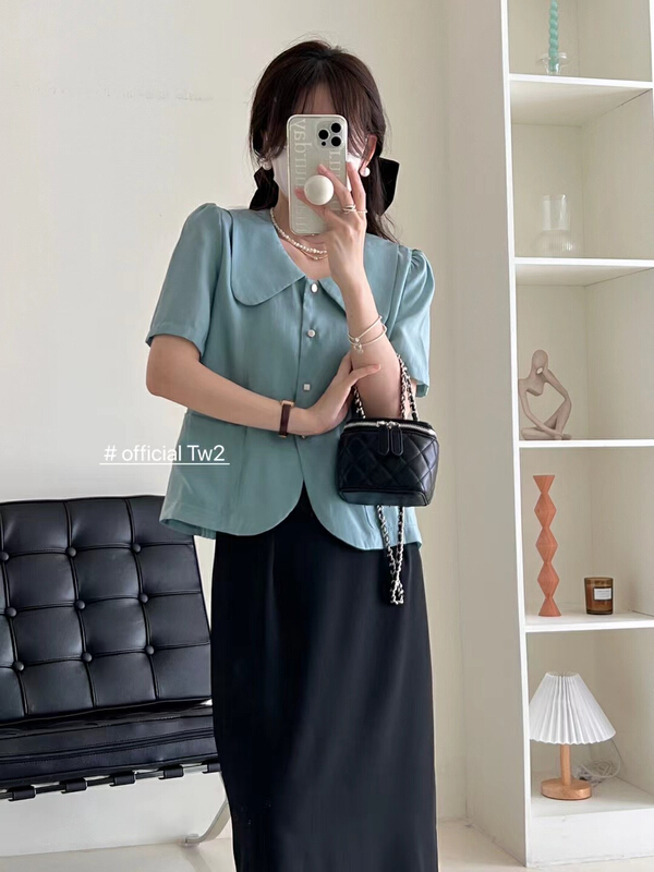 [TW2] Korean solid color baby collar button up Tencel blouse 16303# HBx