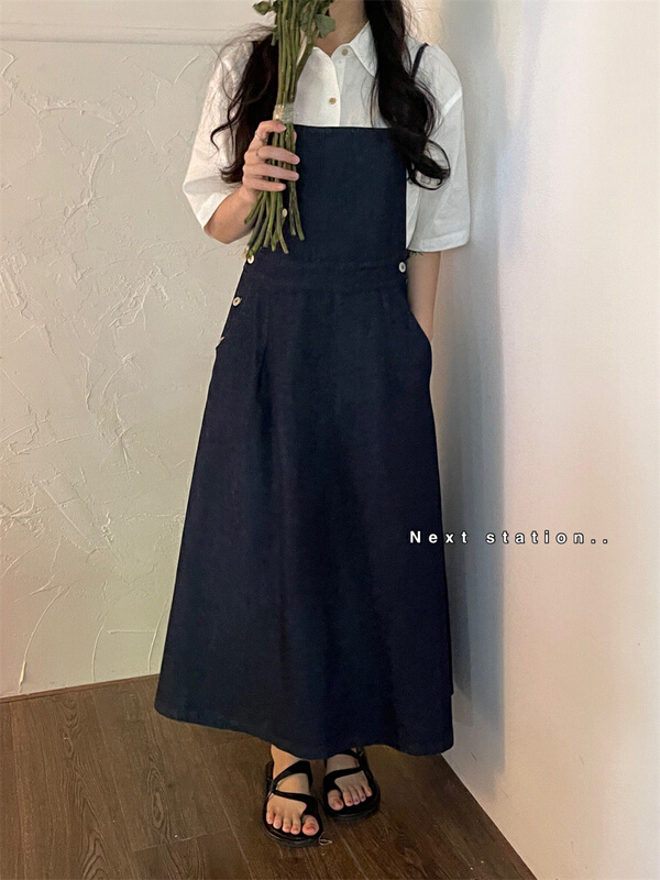 [next station] Korean retro loose and versatile medium length denim strap skirt 22213# zjy
