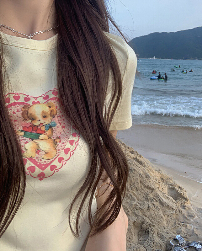 New in early summer! [wgwe] Korean girl heart print round neck short sleeve T-shirt 1522# PCZ
