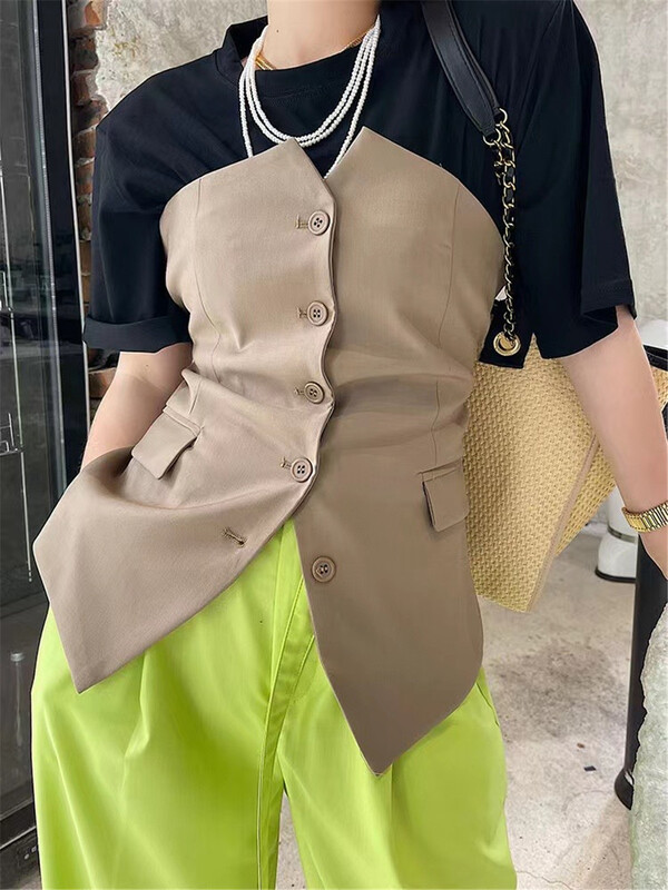 [top] solid color shoulder pad short T-shirt + small shirt with external buckle two-piece suit a8020# ZSY