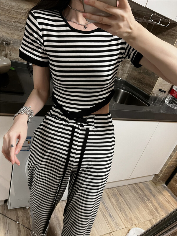 [web sensing] irregular T-shirt + striped casual pants set (only sell set) a971# ozq