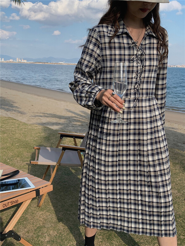New year in early spring! [simnice] Japanese Plaid lace up medium length dress 2116# cqw