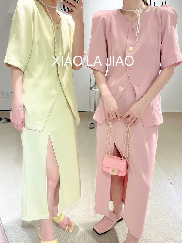 goods in stock! New in early summer! [pepper] round neck single breasted slit short sleeved suit + simple medium and long net skirt suit 359# PCZ