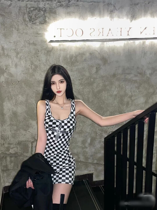 [Nancy] Korean chic slim Spice Girl chessboard tank top dress ys1-08# WPL