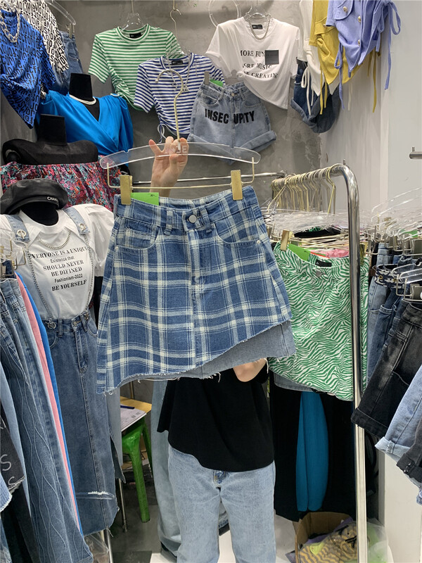 New in early summer! [3C +] Korean Plaid irregular denim skirt ys1-1517# ZZL