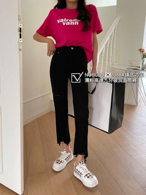 [pour one] thin elastic pierced straight jeans f2068# L