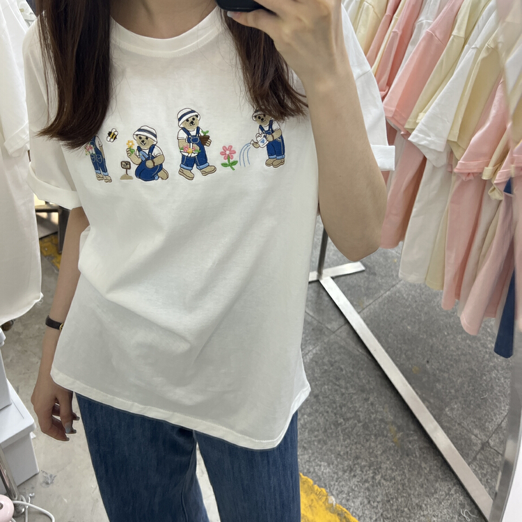 goods in stock! [Li Bai] round neck versatile embroidered short sleeve T-shirt 2813# ll