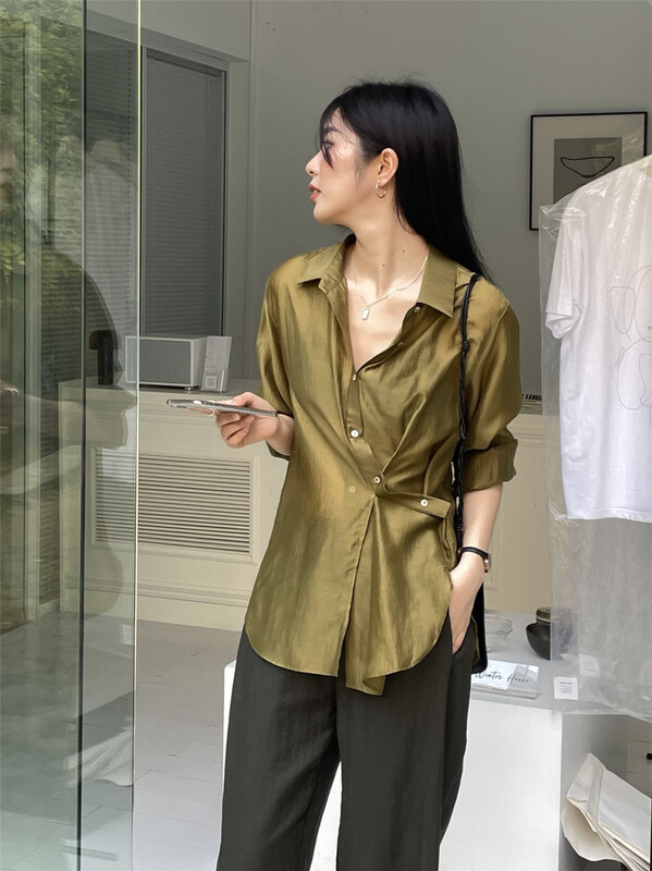 [clean space] Korean style personalized side button versatile shirt 31263# CLS
