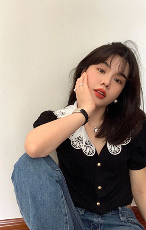 [wgwe] French foreign style stitching contrast color hollowed out lace doll neck knitted cardigan 1601# PCZ