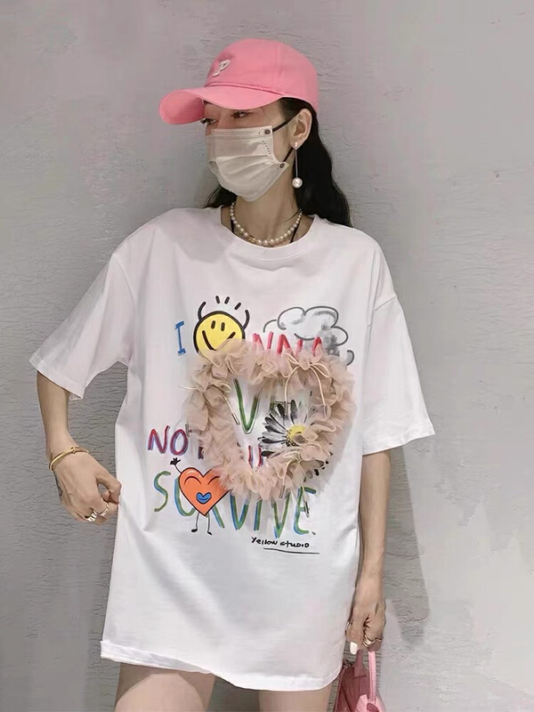 [Tutu] round neck loose heavy industry stitched lace short sleeve T-shirt c680# zxx