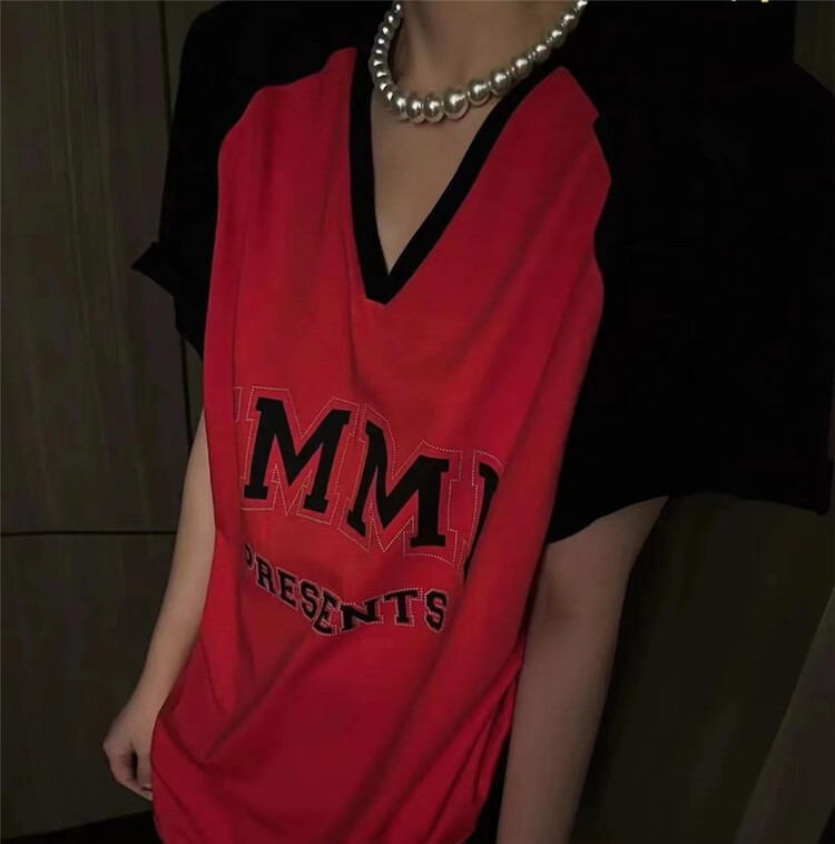 [Yan Zhen] Korean alphabet color blocking V-neck Casual Short Sleeve T-shirt 98703# PCZ