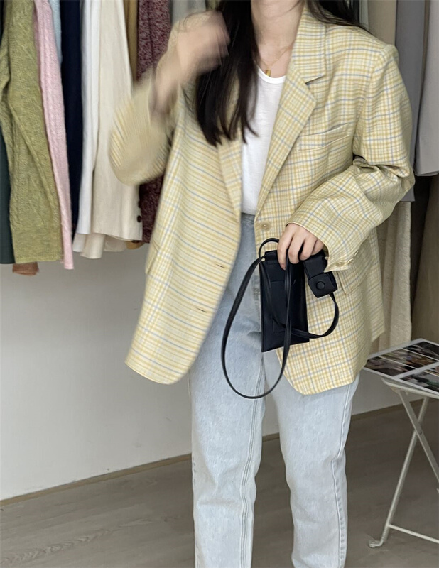 Original price 197.40! New year in early spring! [bluepops] Plaid temperament versatile suit a2070# zxl