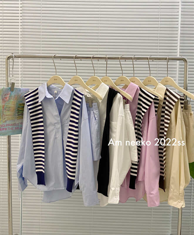 New year in early spring! [am] temperament: versatile solid color shirt + basic versatile striped shawl + versatile comfortable solid color casual Shorts Set 3329# JJ