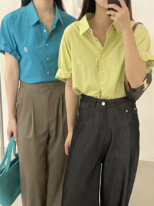 New in early summer! [clean space] embroidered candy color versatile foreign style fashionable Korean shirt 31816# CLS