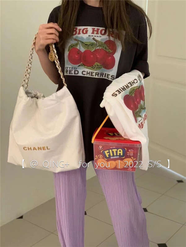 [qingqingjia] Korean loose cherry printed short sleeve T-shirt 2076# XYY