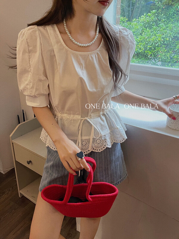 [one Bala] bubble sleeve drawstring fashion shirt 1237# hjy