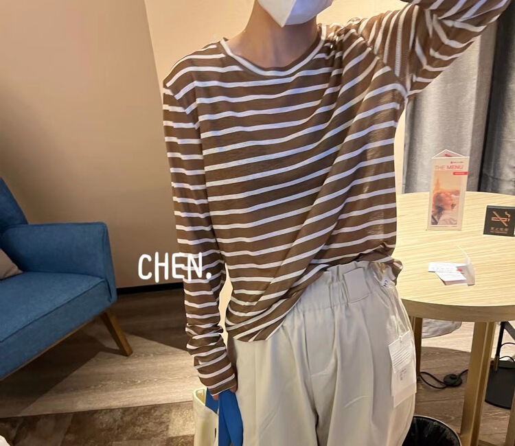goods in stock! New year in early spring! [Chen] simple basic versatile stripe sunscreen long sleeve T-shirt 9120# cqw