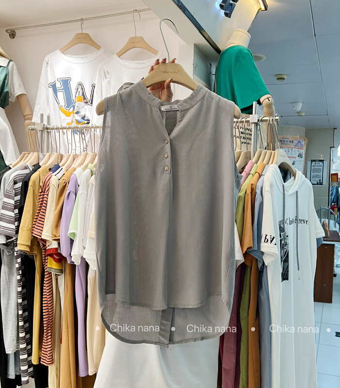 [Chika. Nana] fashionable and versatile splicing round neck sleeveless shirt 718# cqw