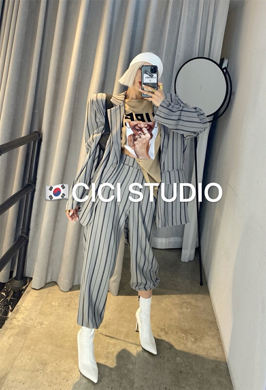 goods in stock! New year in early spring! [CICI studio] temperament stripe suit + slim fit and versatile trousers suit 21030# zxl