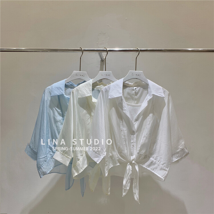 New in early summer! [Lina] Korean hem knotted short shirt 8774# CSX