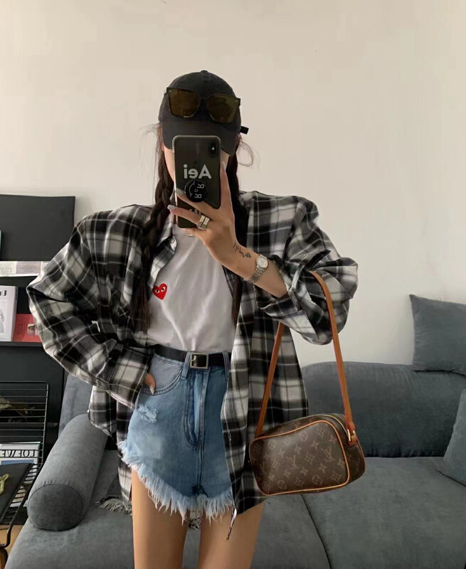 [I do] Plaid single breasted versatile shirt 8116# cqw