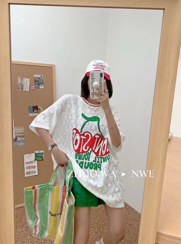 【買手嚴選-卓娃】韓版櫻桃圖案寬鬆蕾絲短袖T恤  6237#  CL