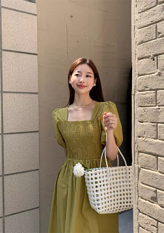 [RM.HH] Square Neck Temperament Bubble Sleeve Dress 327# OZQ