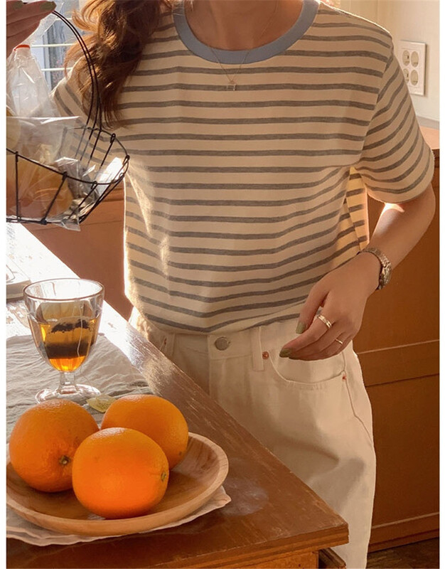New in early summer! [Selene] stripe versatile loose short sleeve T-shirt 5039# XYJ