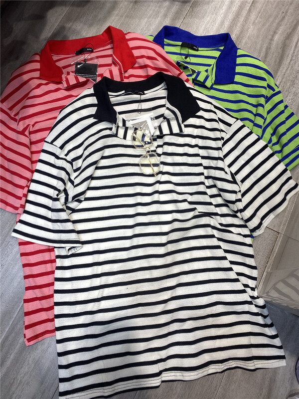 [Amy] Korean color blocking collar Stripe Polo short sleeve T-shirt 8123# WTT