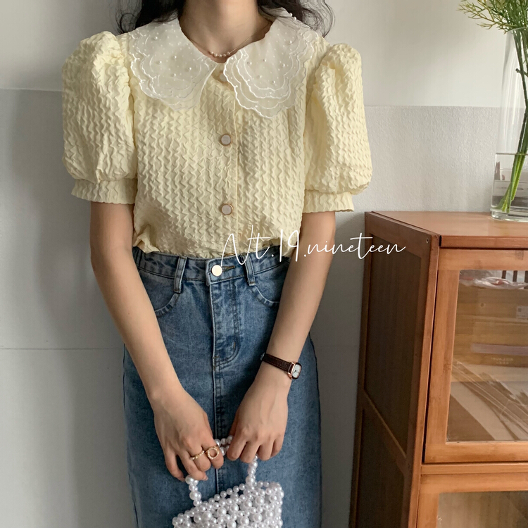 New in early summer! [19. Nineteen] pearl double lace doll Neck Shirt 361# ll