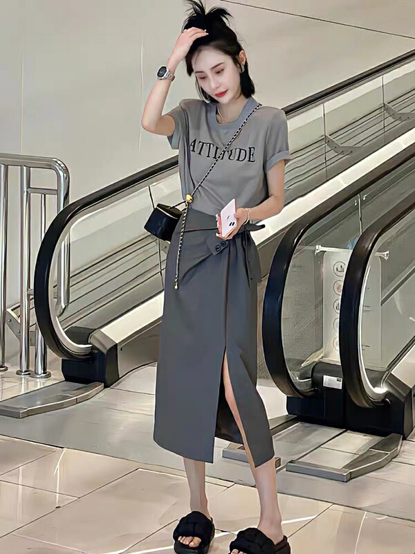 [Huaxi] round neck slim fitting short sleeve + high waist split skirt suit 9050# PCZ