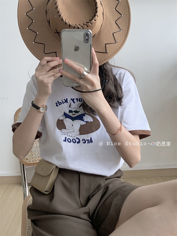 [naisijia] Korean ins style color blocking print Pullover short sleeve T-shirt 1666-1# zjy