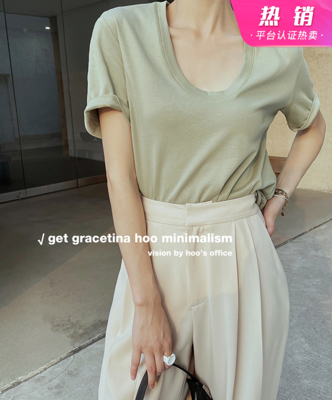 New year in early spring! [gracetina Hoo] U-neck loose net color versatile short sleeve T-shirt t6163# zxl