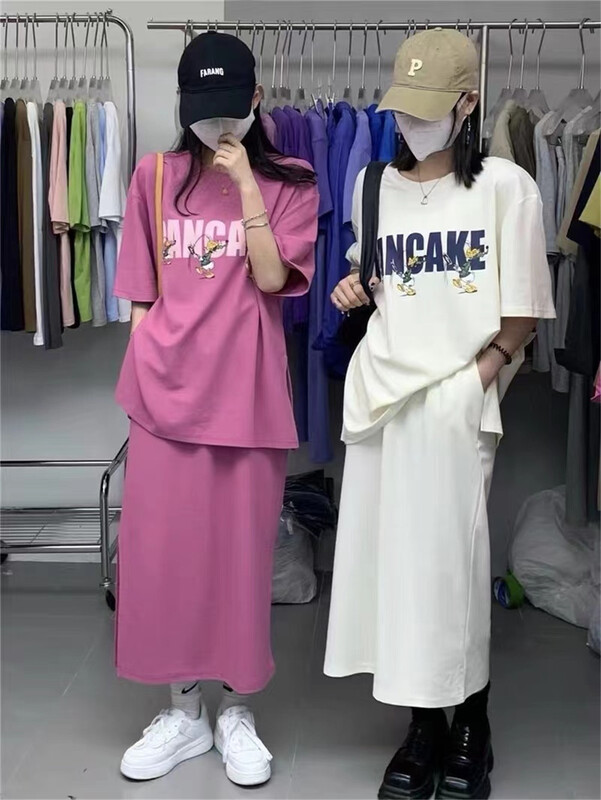 [an studio] Korean cartoon letter printed loose short sleeve T-shirt + versatile skirt set ys2-8790# L