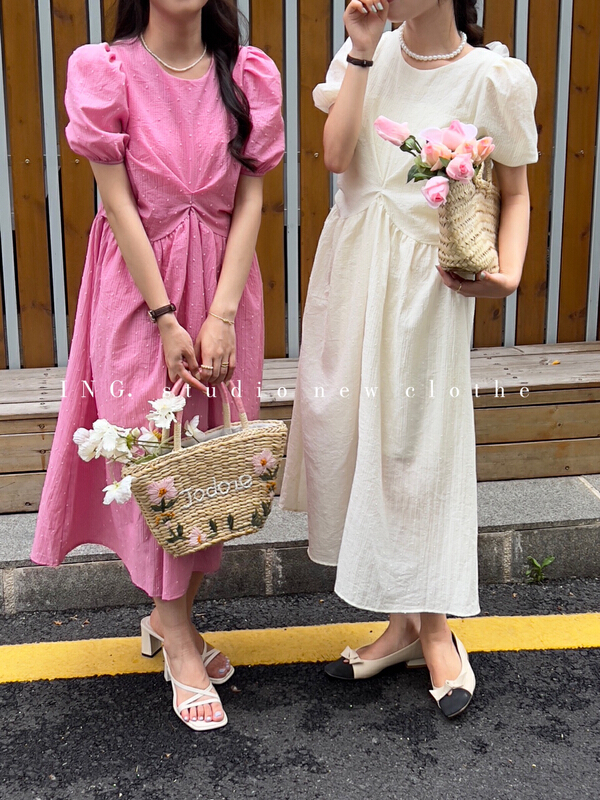 [ing] French retro waist closing thin round neck bubble sleeve dress 6983# HBx