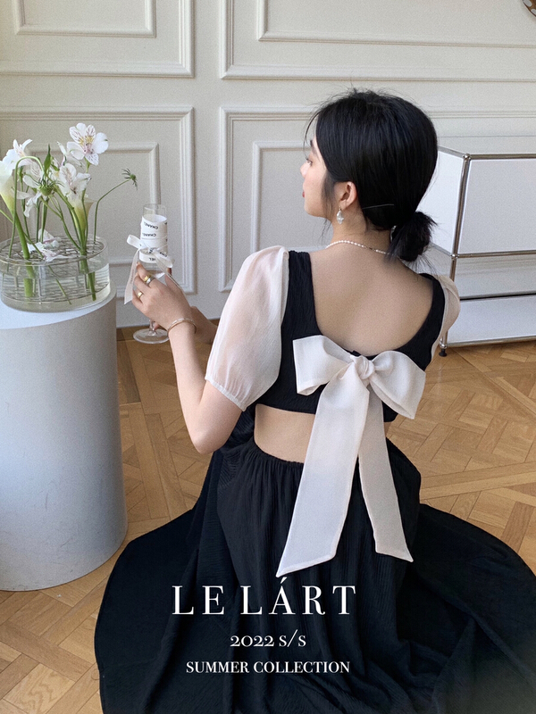 [le lart] high fashion French Hepburn style pure desire style backless bow bubble sleeve dress ll5500# XYJ