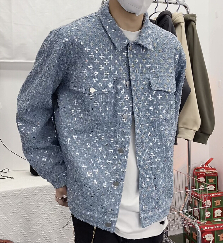 [Tess] sequins worn out fashionable design denim jacket ck60# ZZL