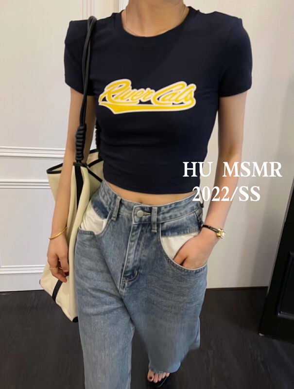 [Hu] casual and versatile elastic letter short sleeve T-shirt 6938# LSL